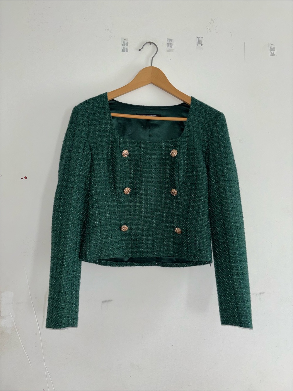 New Dark Green Tweed Double-Breasted Crop Jacket